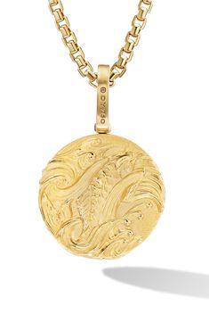 A fiery dragon intensifies the look and texture of this round amulet that will embolden any chain. Enhancer only; chain sold separately 1 1/4" drop; 3/4" diameter pendant 18k gold Imported Luxury Yellow Gold Medallion Necklace With Engraving, Luxury Yellow Gold Medallion Necklace With Engraved Detail, Luxury Yellow Gold Medallion Necklace Engraved, Luxury Yellow Gold Engraved Medallion Necklace, Amulet Style Yellow Gold Medallion Necklace, Luxury Large Round Pendant Medallion Necklace, Luxury Large Pendant Medallion Necklace, Luxury Large Medallion Necklace, Dragon Amulet