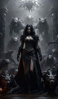 a woman dressed in black standing next to a bunch of demonic creatures