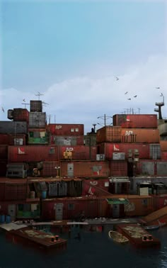 there are many cargo containers stacked on top of each other in the water and birds flying overhead