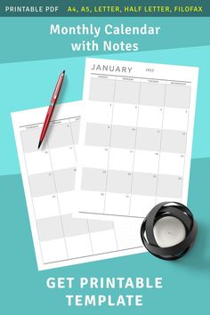 a printable calendar with the month planner and pen next to it on a blue background