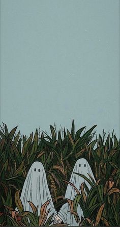 two white ghost like figures peeking out from the bushes