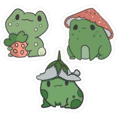 three stickers with different animals and plants on them, one has a mushroom in the middle