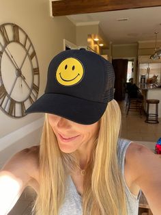 Adorable and so much fun!! This Smiley Face Vintage Trucker hat sits high for that cool Cali surfer vibe. Fully adjustable, foam backing with cotton front, trucker style with a mesh back. Perfect for the beach, sun, or just a bad hair day. Get ready for Summer!! Adjustable Baseball Cap With Smiley Face, Casual Smiley Face Snapback Baseball Cap, Playful Black Baseball Cap With Curved Brim, Trendy Smiley Face Baseball Cap With Curved Brim, Casual Smiley Face Snapback Hat, Trendy Smiley Face Hat With Curved Brim, Trendy Curved Brim Hat With Smiley Face, Adjustable Smiley Face Cap, Trendy Smiley Face Cap