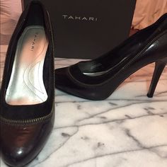 Tahari New In Box Only Worn Once. They Are Black With A Zipper And Suede Detail. I Love These Shoes But Foot Issues Will Not Allow For Heels Anymore. Very Comfortable For Heels. Black Heels With Zipper Closure For Office, Black Shoes Heels, Shoes Black, Black Heels, Shoes Women Heels, Shoes Heels, I Love, Women Shoes, Zipper