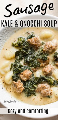 sausage kale and gnocchi soup in a white bowl with text overlay