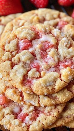 strawberry shortbread cookies stacked on top of each other