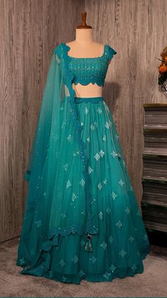 seasonsindia.com prouduct  PEACOCK BLUISH GREEN LEHENGA SET WITH ‘ABLA’ WORK PAIRED WITH A MATCHING SCALLOPED DUPATTA AND TIKLI WORK BLOUSE.  beach wedding Abla Work, Bridal Lehenga Designs, Simple Lehenga, Long Frock Designs, Half Saree Lehenga, Long Gown Design, Wedding Lehenga Designs, Lehenga Designs Simple, Anarkali Dress Pattern