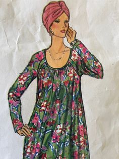 a drawing of a woman with pink hair wearing a green floral dress and holding her hand to her ear