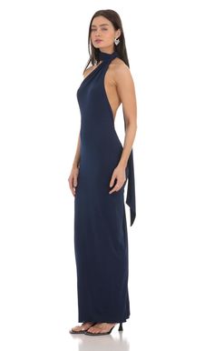 One Shoulder Scarf Strap Maxi Dress in Navy Cheap Halter Neck Maxi Dress For Party, Cheap Halter Neck Party Maxi Dress, Luxury One Shoulder Sleeveless Dress With Ruched Bodice, Luxury Sleeveless One Shoulder Dress For Evening, Luxury Sleeveless One Shoulder Dress For Party Season, Affordable Fitted Sleeveless Evening Dress, Luxury Surplice Neckline Maxi Dress For Parties, Luxury One Shoulder Ruched Evening Dress, Luxury Blue Pre-draped Maxi Dress