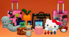 an assortment of hello kitty toys and luggage on a pink background with orange walls in the background