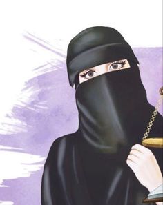 a woman wearing a black veil and holding a gold scale in her right hand, with the scales on each side of her head