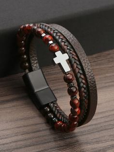 Multicolor Fashionable Collar  PU Leather   Embellished   Fashion Jewelry Cool Bracelets For Guys Leather, Men's Leather Bracelets Braided, Leather Cross Bracelet For Men, Men’s Macrame Bracelet, Masculine Adjustable Braided Leather Bracelet, Cross Decor, Layered Bracelet, String Bracelets, Clay Flower Pots