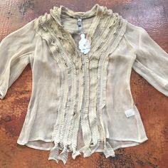 Sheer Blouse. Never Worn. Absolutely Beautiful!!!! Fitted Tassel Tops For Fall, Bohemian Long Sleeve Blouse With Fringe, Bohemian Long Sleeve Fringe Blouse, Elegant Long Sleeve Tops With Tassels, Chic Long Sleeve Tops With Fringe, Chic Long Sleeve Fringe Tops, Vintage Beige Tops For Layering, Beige Vintage Tops For Layering, Casual Fringe Blouse For Spring