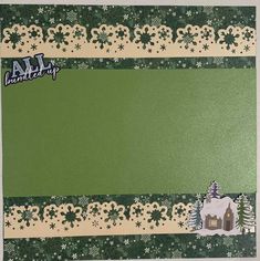 a green and white christmas card with snowflakes on the border, trees and houses