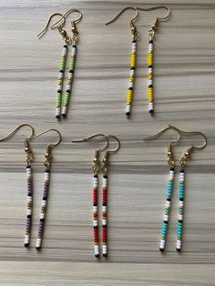 "How cute are these? Approximately 2\" long and available in silver or gold." Straight Beaded Earrings, Sarape Pattern, Free Seed Bead Patterns, Simple Bead Earrings, String Earrings, Diy Earrings Easy, Beaded Jewelry Earrings, Beaded Earrings Native, Beaded Earrings Tutorials