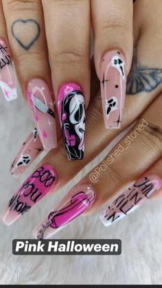 Cute Horror Nails, Funky Nail Art Acrylic, Scream Acrylic Nails, Casper Nails, Scream Nails Halloween, Uñas Halloween Aesthetic, Scream Nails Acrylic, Halloween Scream Nails, Halloween Nails Scream