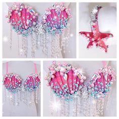 four pictures of pink and blue bras with pearls on the bottom, one has beads hanging from it's sides