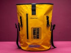 Dry Tank 25L yellow roll top unisex waterproof backpack - rucksack. By Bagology London Yellow Backpack, Waterproof Backpack, Roll Top, Waterproof Bags, Black Plastic, Bagpack