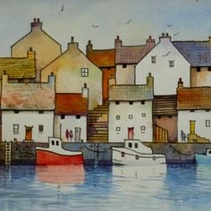 a painting of some houses and boats in the water