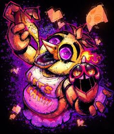 an image of a cartoon character in purple and yellow colors with graffiti on the background