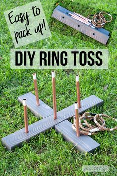 an easy to make diy ring toss game in the grass with text overlay