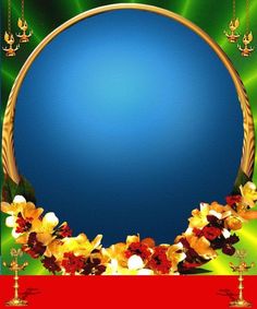 an image of a blue circle surrounded by gold candles and flowers on a green background