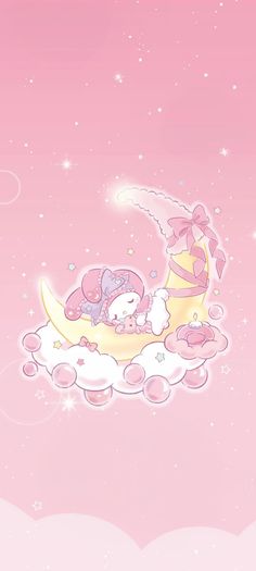 hello kitty sleeping on the moon with stars and clouds in the sky, pink background