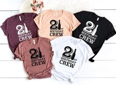 four birthday crew shirts with the number twenty one two and three on them