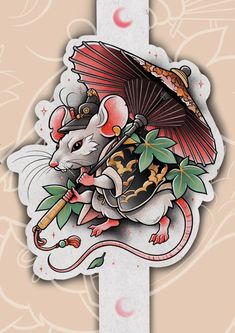 a rat with an umbrella and flowers on it's head is depicted in this tattoo design