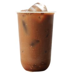 an iced drink in a plastic cup on a white background