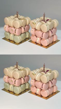 there are three stacks of doughnuts stacked on top of each other in the shape of pumpkins