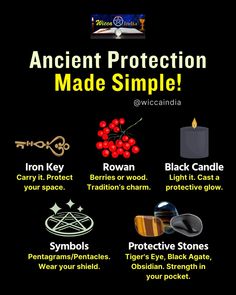 an ancient protection made simple poster with the words, iron key, black candle, and symbols