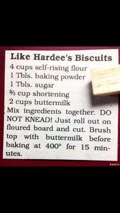 a piece of paper with instructions on how to bake biscuits and what to put in it