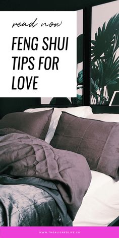 a bed with pillows and blankets on it in front of two windows that have plants behind them