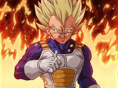 the dragon ball character is pointing at something in front of him with fire behind him