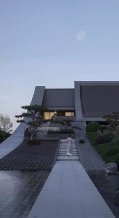 a person walking up some steps to a building