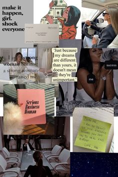 the collage shows people sitting in chairs and writing on sticky notes with words above them