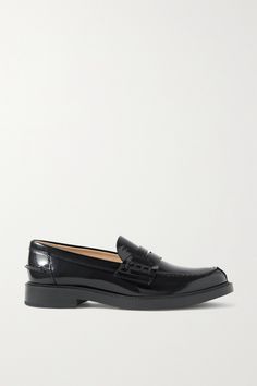 Tod's loafers have been handmade at the brand's Italian workshop. The patent-leather gleams with every step and is stamped with a monogram above the classic penny slot. Tods Shoes, Patent Leather Loafers, A Monogram, Loafers Style, Leather Dress Shoes, Prada Shoes, Penny Loafers, Black Patent Leather, Leather Loafers