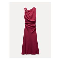 Sleeveless dress with asymmetric neckline and golden appliqué at shoulder. Side ruching at waist. Back V-neckline. Side hidden in-seam zip closure. Zara Midi Dress, Gold Applique, Asymmetric Neckline, Beauty Sale, V Cut, V Cuts, Womens Midi Dresses, Side Zip, Raspberry