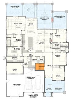 the floor plan for an apartment with three bedroom and two bathrooms, including one living room