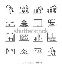 the set of buildings and houses icons in thin line style, such as garages, homes, parking lot, trees