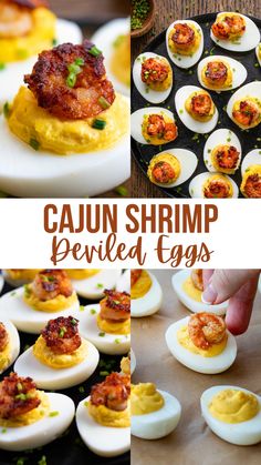 Images of cajun shrimp deviled eggs overhead and from the side. Rustic Lamp Shade, Deviled Eggs Recipe Easy, Devilled Eggs Recipe Best, Flavorful Shrimp, Mini Appetizers, Rustic Lamp, Chasing Sunsets