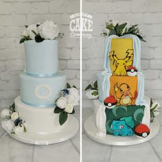 two tiered cakes decorated with pokemon characters and flowers on top of each cake stand