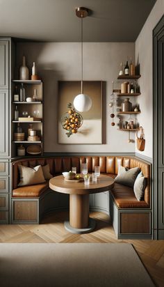 a corner table with two benches in front of it and shelves on the wall behind it