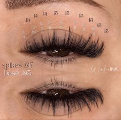 this is a lash map of a set of volume lash extensions with lengths to show how the set was created along with what diameter lashes were used to create a wispy strip lash inspired set Style Extensions, Lash Glue Remover, Lash Map, Lashes Volume, Lashes Tutorial