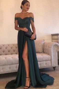 Dark Green Prom Dress, Side Split Prom Dress, Dark Green Prom Dresses, Green Evening Gowns, Prom Dress With Train, Split Prom Dresses, Green Formal Dresses, Robes D'occasion, Long Green Dress