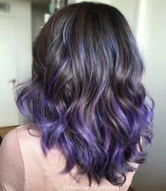 Brown Fade To Purple Hair, Light Brown Hair With Purple Highlights Underneath, Maroon Peak A Boo Hair, Colorful Balayage Brunette, Colour Streaks In Hair, Brown And Violet Hair, Dip Dye Hair Black, Brown Hair With Purple Streaks, Light Purple Balayage