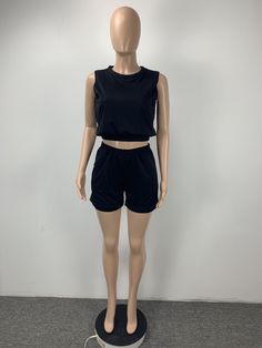 Summer Women Clothes Sexy Solid Sleeveless Tank Vest Crop Top Elastic Waist Shorts Stretch 2 Pieces Set Casual Sleeveless Crop Top With Built-in Shorts, Black Sleeveless Punk Crop Top, Black Activewear With Built-in Shorts In Recycled Polyester, Vest Crop Top, Two Piece Short Set, Solid Tank Tops, Elastic Waist Shorts, Sleeveless Tank, Two Pieces