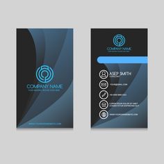 two sided business card with blue and black swirls on the front, and back side