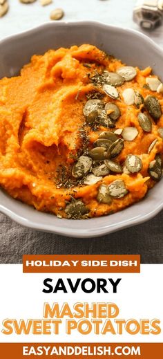 sweet potato mashed potatoes with pumpkin seeds in a bowl